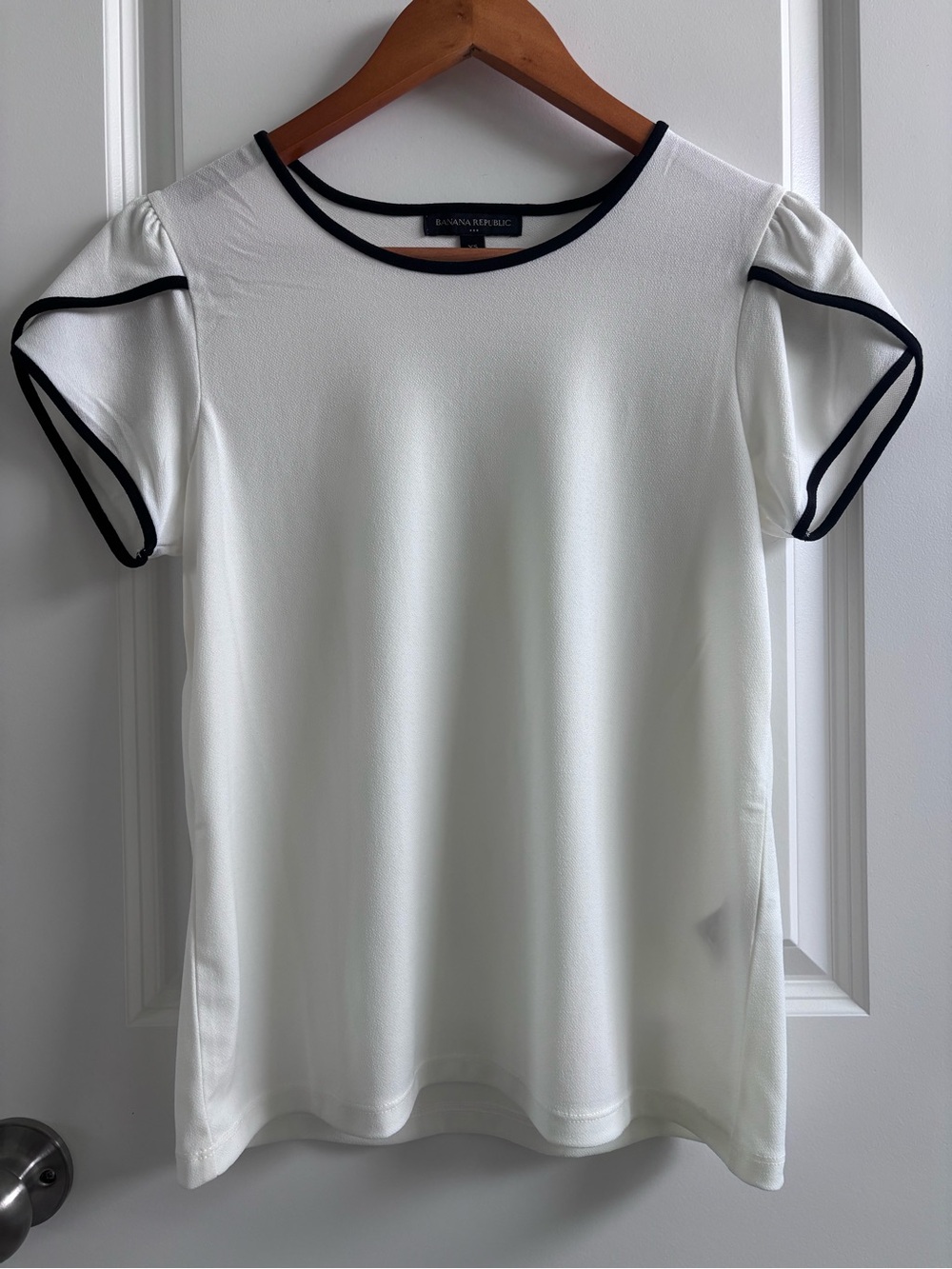 Banana Republic White Short Sleeve Top with Black Piping